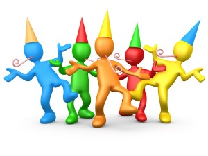 Clipart Illustration of a Diverse Group Of Colorful People Wearing Party Hats And Blowing Noise Makers While Dancing At A Birthday Or New Years Eve Party